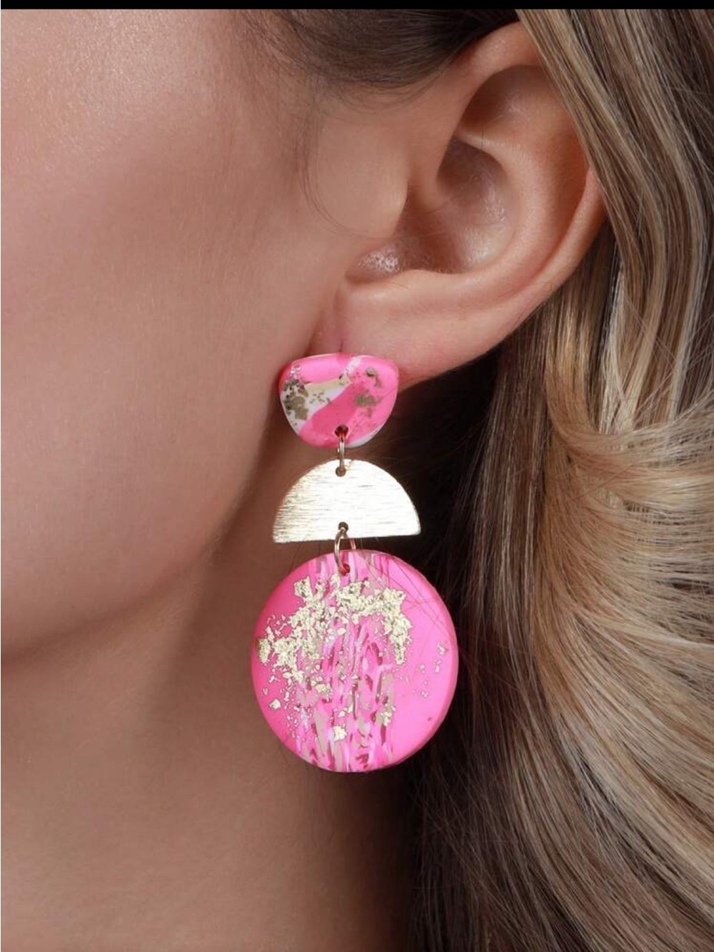 Hot Pink Marbled Drop Earrings with Gold Half-Moon - Picture 8 of 10